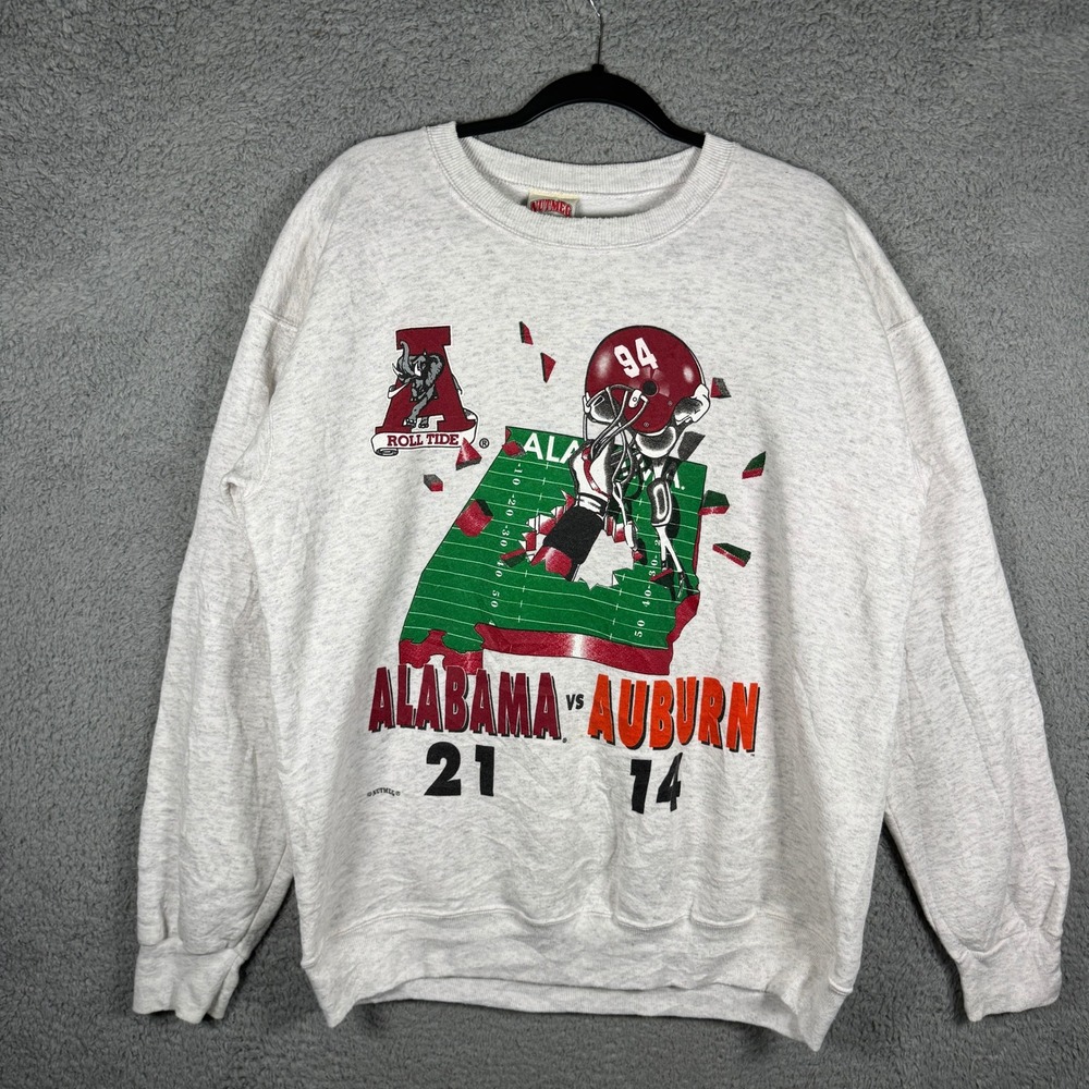 Vintage Nutmeg Mills Alabama vs Auburn Iron Bowl Sweatshirt Mens Large Gray USA